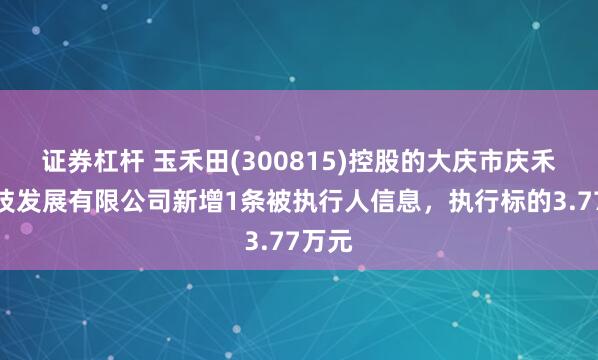 证券杠杆 玉禾田(300815)控股的大庆市庆禾润科技发展有限公司新增1条被执行人信息，执行标的3.77万元